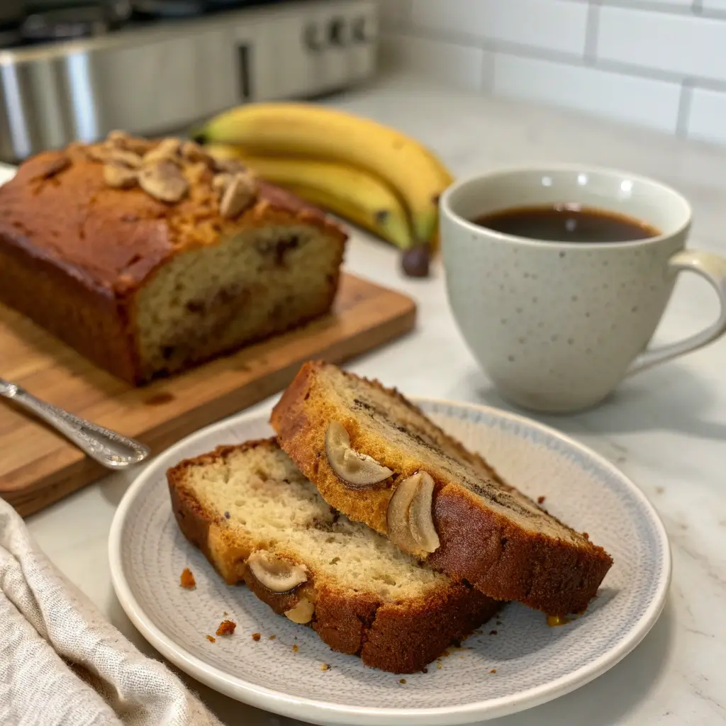 Moist banana bread loaf cooling on wooden board