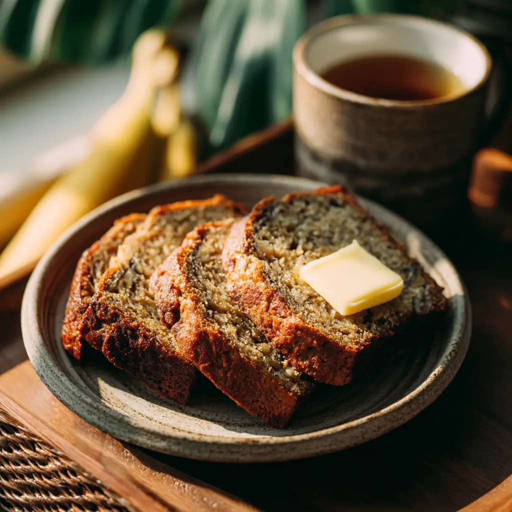 Banana bread recipe card with ingredients and slice