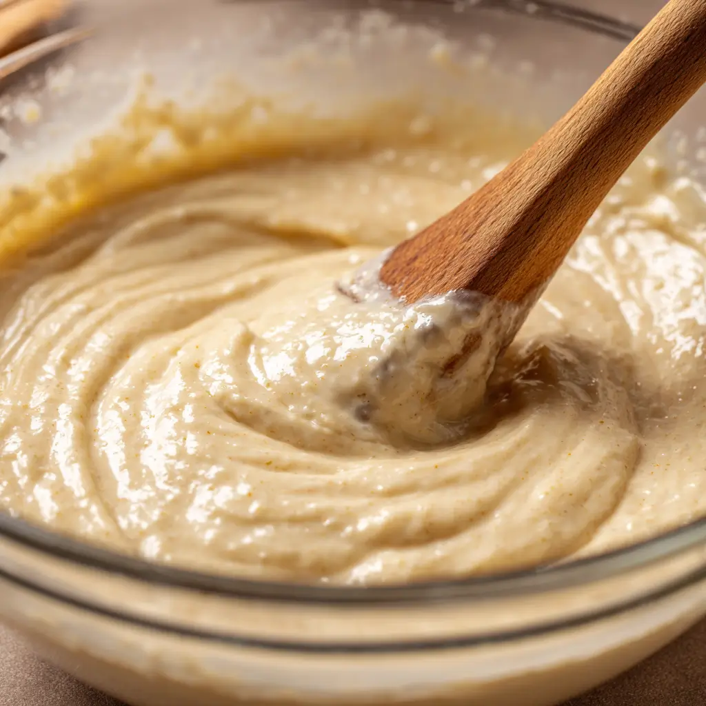 Mixing banana bread batter in a glass bowl